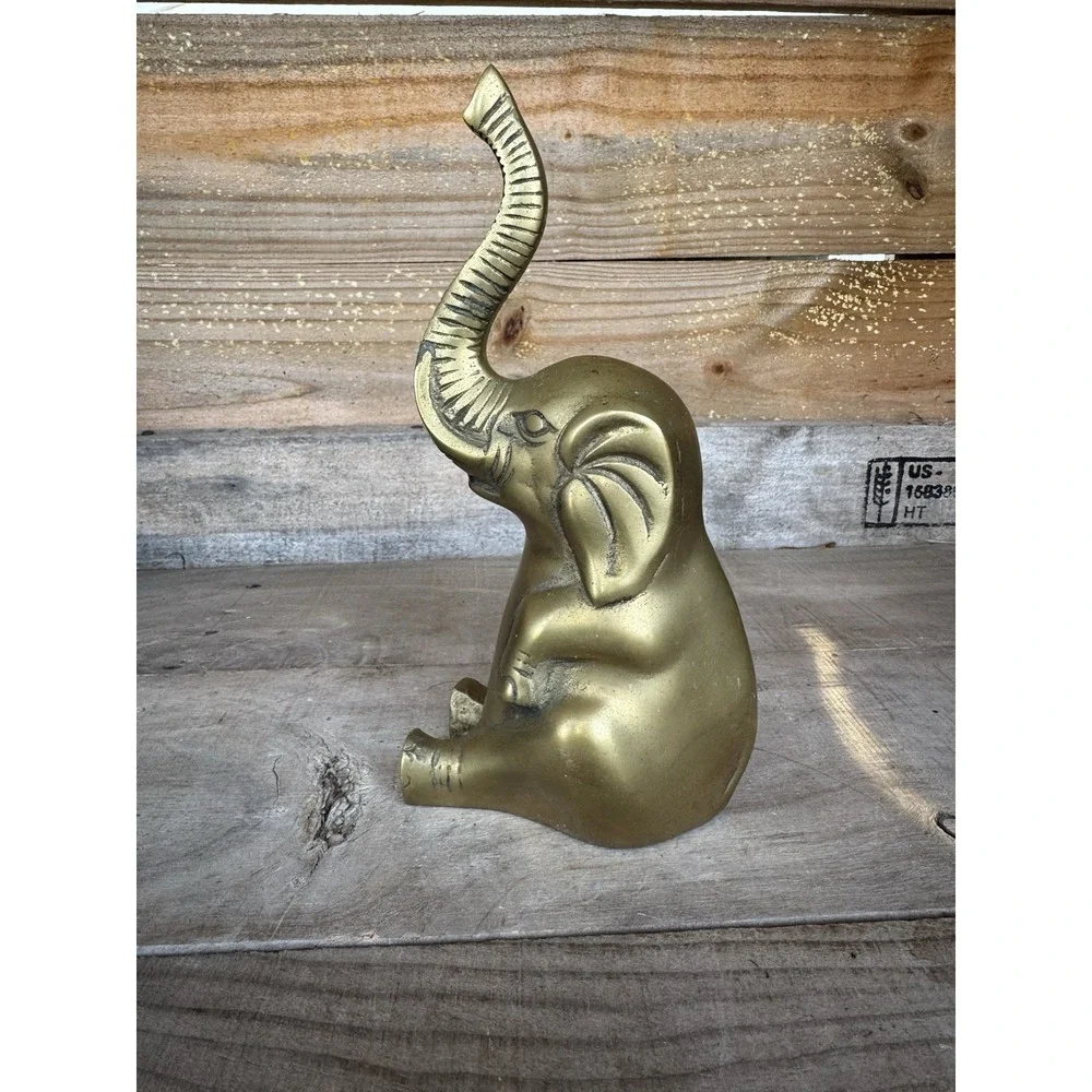 Vintage Solid Brass Elefant Hollywood Regency‎ Ornate Statue Lucky Trunk Up